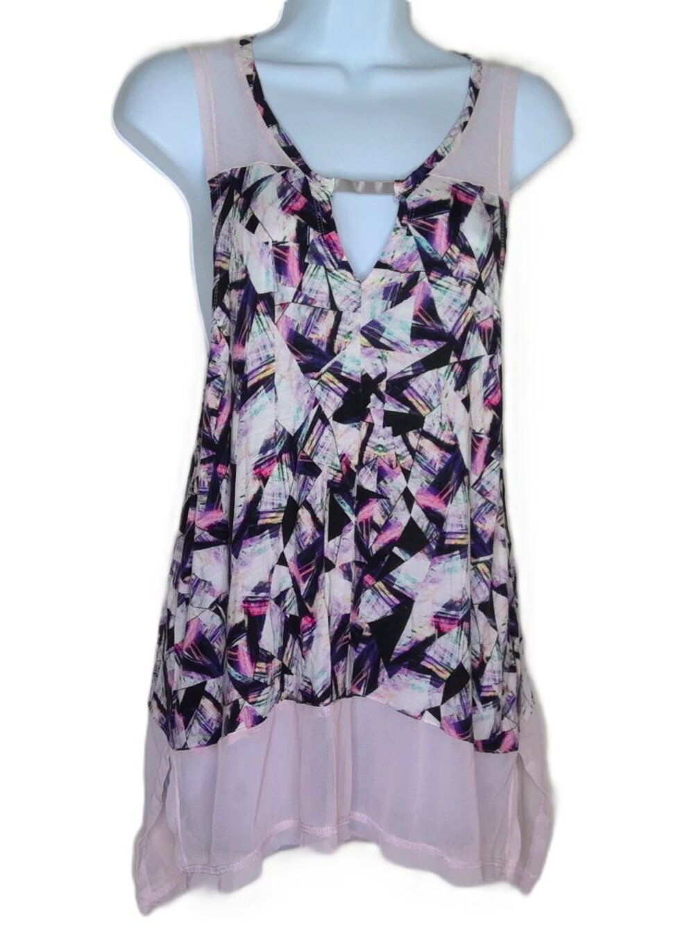 Fit to Wander Flowy Top Sleeveless Tank Plunge Sheer Mesh Trim Stretch EUC Sz XL